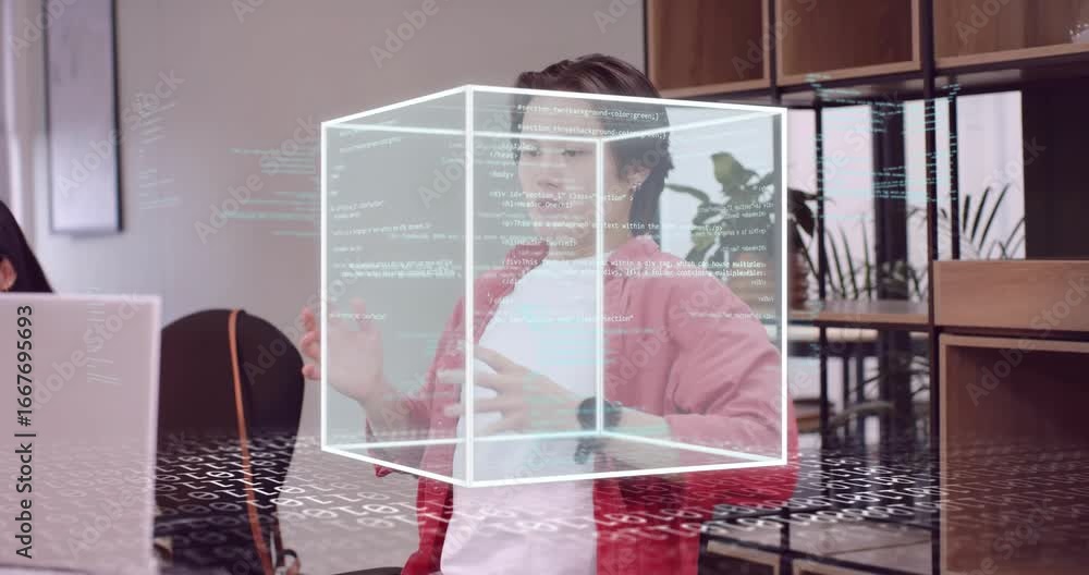 Fototapete coder stretching activating 3d code cube manipulating using smartwatch before resuming laptop work