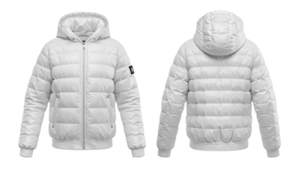 Front and back view of a white, puffy, hooded jacket isolated on a white background.