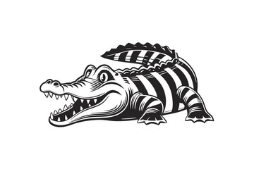 Alligator Silhouette with Stars and Lightning Bolts on a White Background