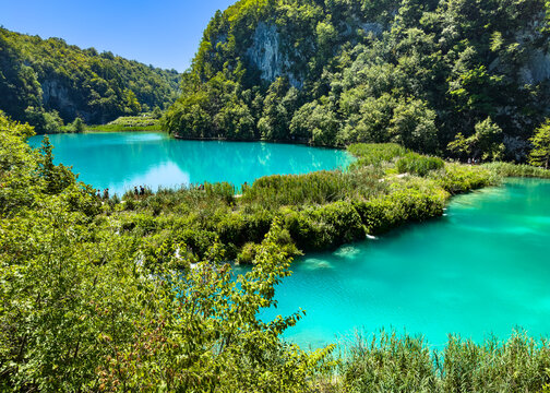 Footpath between lakes in Plitvice Lakes National Park, Croatia. UNESCO World Heritage and tourist attraction.