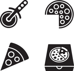 Pizza vector icons food silhouette collection. Cutter knife cooking equipment, pizza slice icon in flat style. Black pizza box isolated on white background