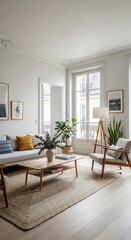 Fototapeta premium Bright, airy living room with natural light and wooden furniture