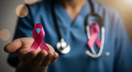 Pink ribbon held by hand with stethoscope breast cancer awareness