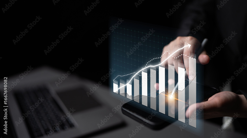 Poster a businessman analyzes financial growth trends using a smartphone that displays graphical data along