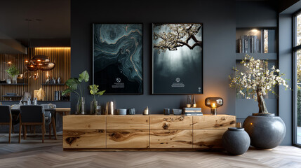 Wooden dresser in modern interior with two vertical blank frames on dark wall, minimalist concept for canvas, poster or sign mockup. 3D Rendering