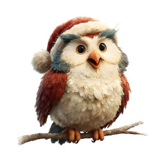 Obraz premium Cartoon owl with Santa hat sitting on branch, winter holiday character, isolated on transparent background.