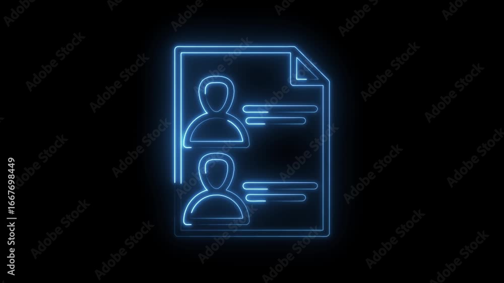 Poster glowing blue neon outline of a document with two profile icons and text lines representing user