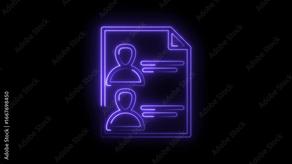 Aufkleber glowing neon purple icon representing two user profiles on a document page with text lines