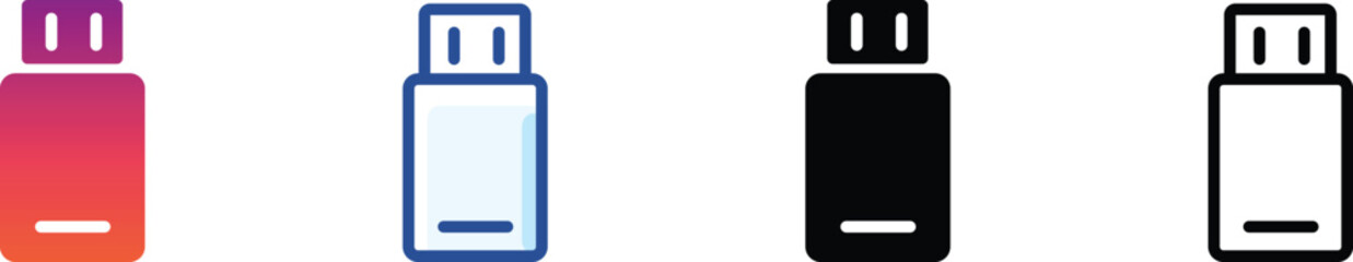 USB stick icon set in flat, outline, and solid styles. Great for tech illustrations, storage device graphics, and modern UI design