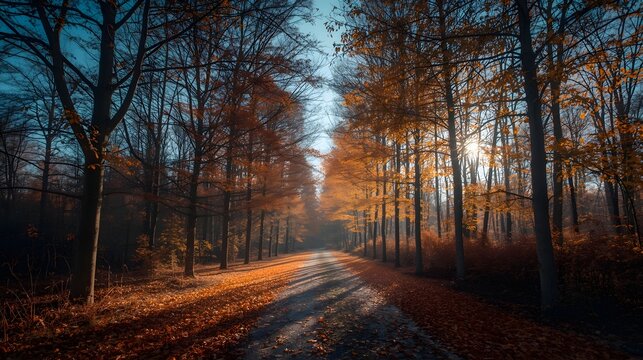 Scenic autumn forest pathway covered with fallen leaves, tall bare trees lining the road, and golden light on the horizon, creating a peaceful seasonal landscape with natural atmosphere