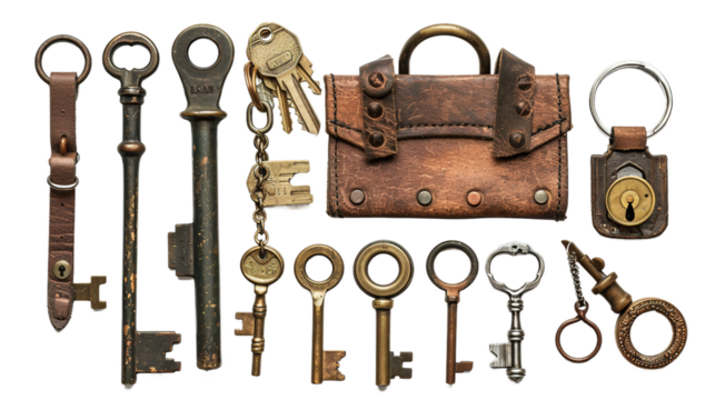 Timeless Antique Keys Paired with Brass Padlock on white background