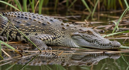 Fototapeta premium Reptile resting in aquatic habitat wildlife conservation