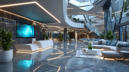 Fototapeta premium Large empty corporate lobby interior with blank billboard, modern design style, marble floor background, concept of business presentation. 3D Rendering
