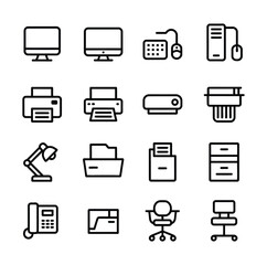 Office equipment icons computer printer desk lamp telephone file cabinet
