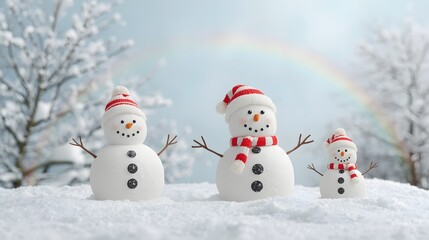 Cheerful snowman family with red striped hats and scarves standing in snowy winter landscape under bright rainbow, joyful festive seasonal holiday scene full of happiness and charm