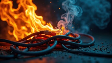 Intense Blaze Engulfing Network Cables and Connector, Symbolizing Electrical Hazard and System Failure