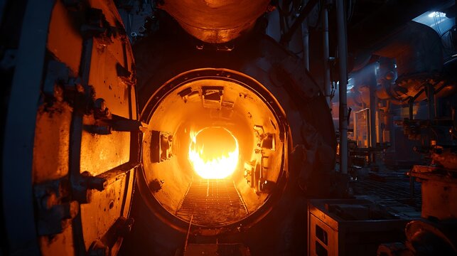 Industrial Furnace with Open Door Showing Intense Heat and Fire