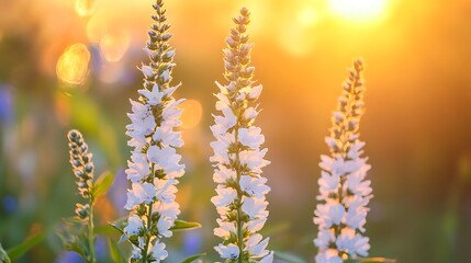 Obraz premium Flowers of veronica oak closeup in nature at sunset