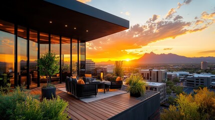 Fototapeta premium Beautiful modern rooftop terrace overlooking city skyline du vibrant sunset with outdoor furniture
