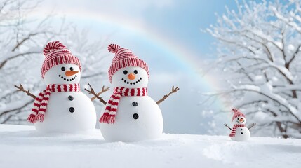 Obraz premium Cheerful snowman family with red striped hats and scarves standing in snowy winter landscape under bright rainbow, joyful festive seasonal holiday scene full of happiness and charm