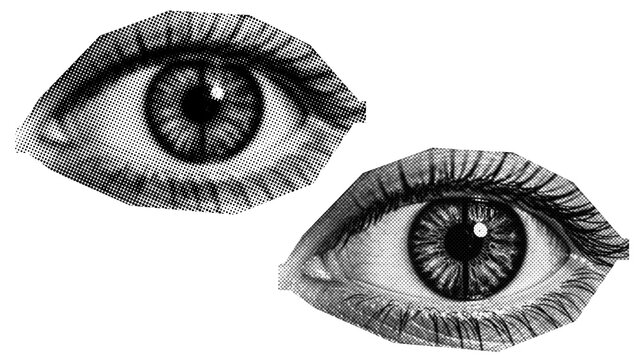 Retro vintage Eye halftone on transparent PNG. Ideal for overlays, posters, and designs. High-res, AI-based with human edited effects. Old vintage TV in trendy dotted pop art style.