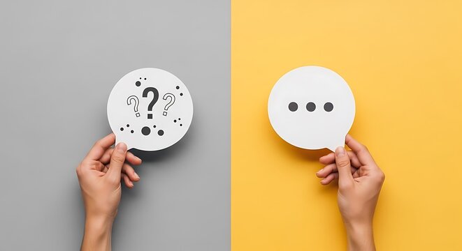Hands holding speech bubbles with questions and dots - Powered by Adobe