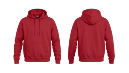 Two red hooded sweatshirts are displayed, one showing the front and the other showing the back, set against a white background.
