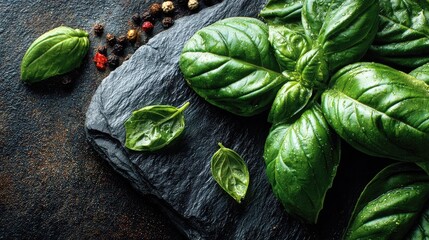 Top down photo of fresh basil leaves scattered on dark stone with natural gloss and textured surface ideal for culinary  or herb ingredient product scene
