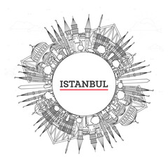 Outline Istanbul Turkey City Skyline with Historic Buildings and copy space Isolated on White. Istanbul Cityscape with Landmarks.