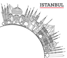 Obraz premium Outline Istanbul Turkey City Skyline with Historic Buildings and copy space Isolated on White. Istanbul Cityscape with Landmarks.