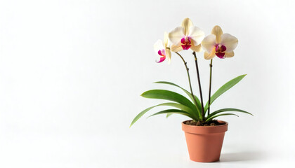 Fototapeta premium Yellow Phalaenopsis Orchid with Pink Lip in Pot on White Background