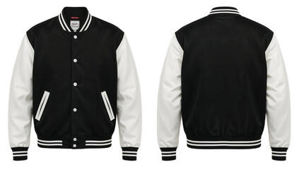 Black and white varsity jacket, front and back views, showcasing classic design details.