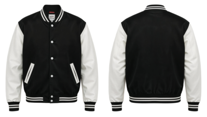 Black and white varsity jacket, front and back views, showcasing classic design details.