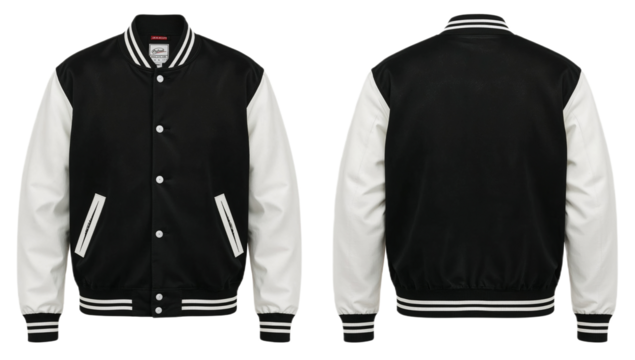 Black and white varsity jacket, front and back views, showcasing classic design details.