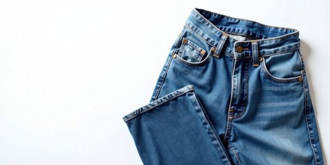 A Pair of Stylish Blue Jeans Folded on a White Background, Showing Off the Fabric Texture and Detail of the Pockets and Stitching