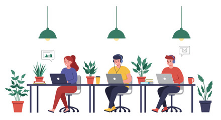 People working on laptops in a modern office.