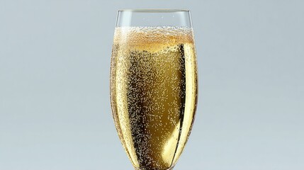 A close-up shows a partially filled champagne flute, its pale gold liquid effervescing with numerous tiny bubbles rising to the surface against a neutral gray backdrop