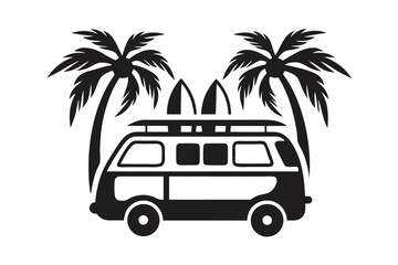 Black Icon Van with Surfboards and Palm Trees on a White Background