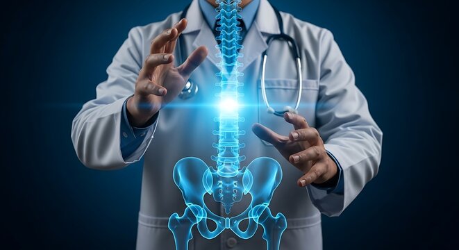 Doctor examining glowing spine hologram medical healthcare