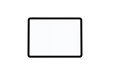 Modern digital tablet with blank white screen, sleek black frame, portable touch device for browsing, work, design, and entertainment, isolated on transparent background
