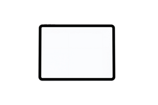 Modern digital tablet with blank white screen, sleek black frame, portable touch device for browsing, work, design, and entertainment, isolated on transparent background