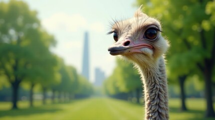 A curious ostrich's head and neck, subtly peering from a verdant park landscape, with a blurry background of trees and distant structures.