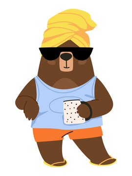 Bear on vacation. She-bear after shower in towel. Morning bear after shower and with coffee. Flat vector illustration, eps10