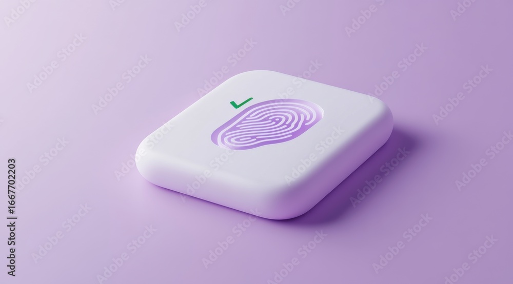 Poster 3d rendered fingerprint authentication icon with check mark on purple background