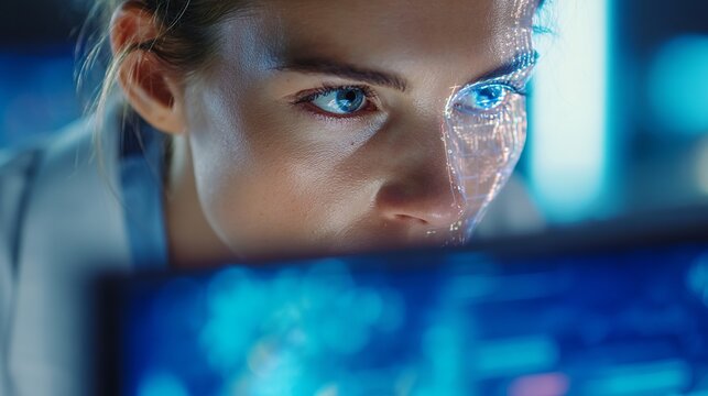 A focused young Caucasian woman analyzing data on a futuristic screen, with digital visuals reflecting on her face.