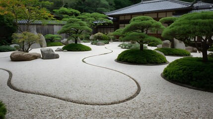Traditional Japanese Zen garden with raked white gravel, stones, and manicured pine trees near wooden temple, symbolizing harmony, simplicity, and peaceful meditative landscape design