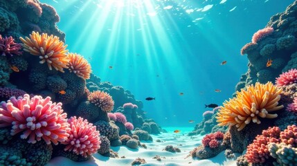 Naklejka premium Vibrant Underwater Scene with Sunbeams Illuminating a Colorful Coral Reef and Diverse Marine Life