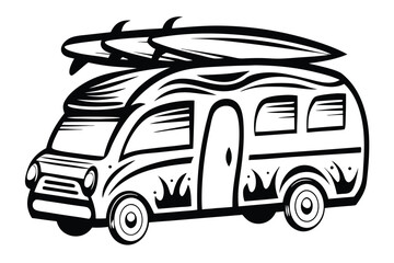 Campervan with Surfboards on Top Isolated on White Background Line Art