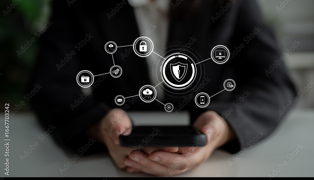 Poster cyber security protects against breaches, hacks, and network attacks using strong infrastructure and