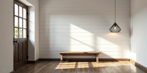 Rustic wooden bench in sunlit entryway with a dark pendant light and a dark brown wood door.
